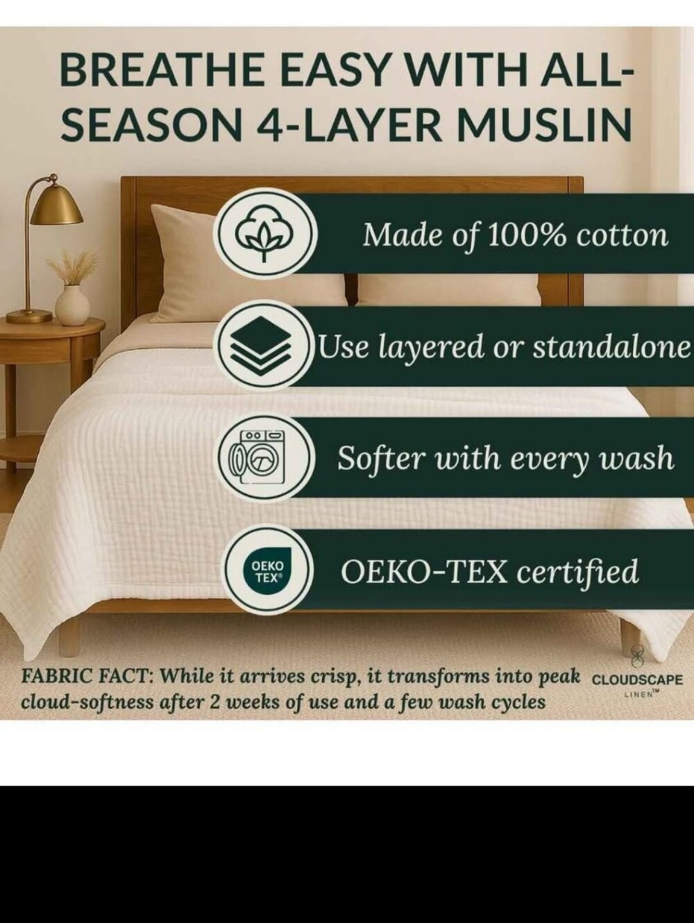 CLOUDSCAPE 100% Cotton 4 Layer Muslin Blanket Queen Oversized, 92x92 - Picture 2 of 7